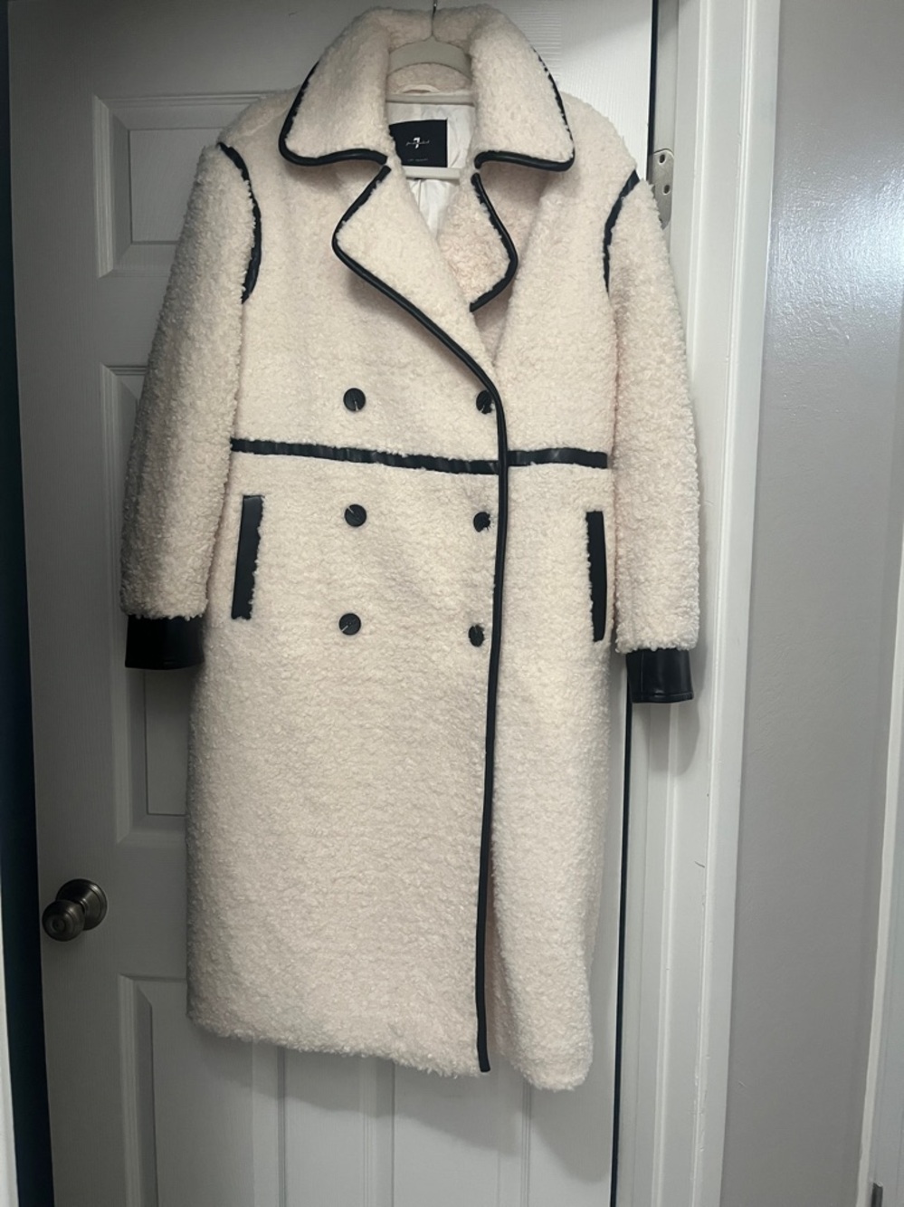 7 for all man kind-Cozy long Faux Shearling Long Coat - Cream with Black Trim